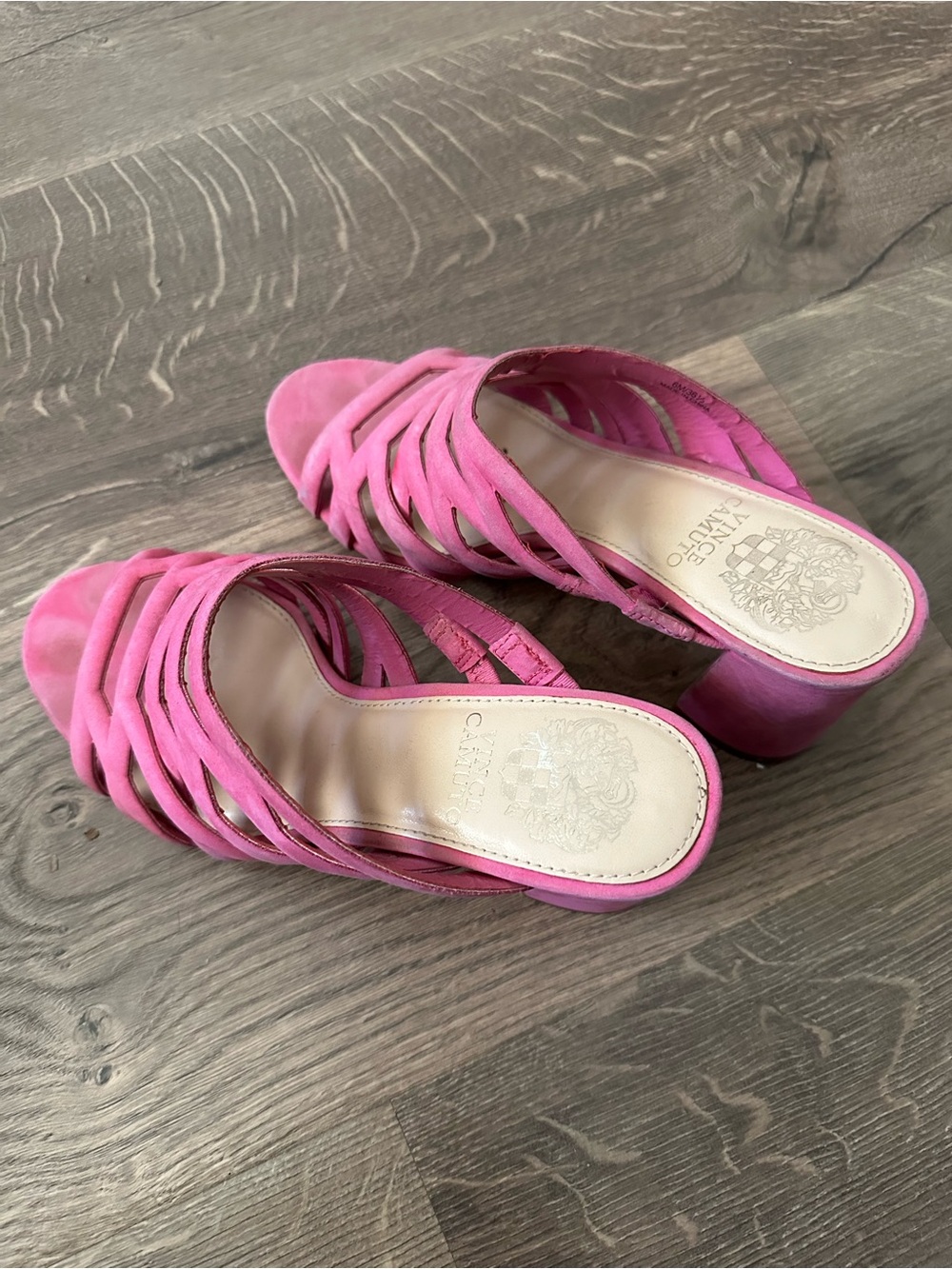 Vince Camuto Bright Pink Suede Strappy Block Heel Mules